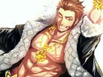  1boy abs alternate_costume bara beard blue_eyes blush bracelet brown_hair chest cosplay costume_switch facial_hair fate/grand_order fate_(series) highres jacket_on_shoulders jewelry long_sleeves looking_at_viewer male_focus muscle napoleon_bonaparte_(fate/grand_order) necklace nipples one_eye_closed open_clothes pants pectorals sakata_kintoki_(fate/grand_order) scar simple_background smile solo zuman_(zmnjo1440) 