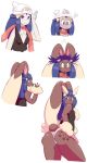  2019 3_fingers ? alternate_species anthro anthrofied ass_shot bangs blue_eyes blue_hair blush breasts brown_body brown_fur clothing dawn_(pok&eacute;mon) dress eyebrows female fingers fur hair hand_on_butt hat headgear headwear hi_res human human_to_anthro human_to_pokemon lagomorph long_ears looking_down lopunny mammal nintendo panties pink_nose pok&eacute;mon pok&eacute;mon_(species) pok&eacute;morph post_transformation rear_view scarf sequence simple_background small_tail smile solo species_transformation thick_eyebrows transformation underwear unknown_artist video_games white_background wide_hips 
