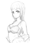  1girl :s bangs bare_shoulders blunt_bangs blush bra breasts closed_mouth from_side greyscale hi_iro long_hair looking_at_viewer medium_breasts monochrome navel original simple_background solo sweatdrop underwear undressing upper_body white_background 