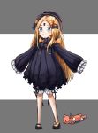  1girl abigail_williams_(fate/grand_order) admjgdme bangs black_bow black_dress black_footwear black_headwear blonde_hair bloomers blue_eyes blush bow bug butterfly closed_mouth commentary_request damaged dress fate/grand_order fate_(series) full_body grey_background hair_bow hat highres insect keyhole long_hair long_sleeves orange_bow outstretched_arms parted_bangs shoes sleeves_past_fingers sleeves_past_wrists solo standing stuffed_animal stuffed_toy teddy_bear two-tone_background underwear very_long_hair wavy_mouth white_background white_bloomers 