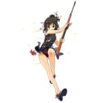  1girl assault_rifle black_footwear black_hair brown_eyes china_dress chinese_clothes closed_mouth damaged dress eyebrows_visible_through_hair frown full_body girls_frontline gun hair_bun hair_ornament hair_ribbon holding holding_gun holding_weapon leg_up legs long_hair looking_at_viewer ribbon rifle shoes short_sleeves solo tomato_(lsj44867) torn_clothes torn_dress transparent_background type_63_assault_rifle type_63_assault_rifle_(girls_frontline) weapon white_ribbon 