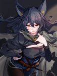  1girl animal_ears belt black_hair breasts cape cleavage cleavage_cutout denim granblue_fantasy hand_on_hip highres ilsa_(granblue_fantasy) jeans large_breasts legwear_under_shorts long_hair nino_(shira) pants pantyhose shorts solo tattered_cape torn_clothes torn_jeans torn_pants 