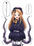  1girl abigail_williams_(fate/grand_order) admjgdme bangs black_bow black_dress black_headwear blonde_hair bloomers blue_eyes blush bow bug butterfly commentary_request dress eyebrows_visible_through_hair fate/grand_order fate_(series) hair_bow hat highres insect long_hair long_sleeves looking_at_viewer open_mouth orange_bow parted_bangs polka_dot polka_dot_bow simple_background sleeves_past_fingers sleeves_past_wrists solo suction_cups tentacles translation_request underwear v-shaped_eyebrows white_background white_bloomers 