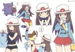  ! 1girl :o agata_(agatha) bag blue_(pokemon) blue_footwear blue_jacket blue_shirt blush boots brown_eyes brown_hair chin_rest gengar hat jacket long_hair long_sleeves messenger_bag multiple_views open_mouth pidgey pokemon pokemon_(creature) pokemon_(game) pokemon_frlg porkpie_hat red_skirt scarf shirt shoulder_bag simple_background skirt sleeveless sleeveless_shirt smile spoken_exclamation_mark striped striped_scarf twitter_username white_background 