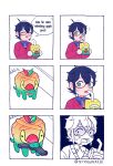  1boy 6koma :d :o ^_^ absurdres apple_juice appletun black_hair cardigan closed_eyes commentary creature drinking_straw english_commentary english_text eye_contact gen_8_pokemon glasses green_eyes gun highres holding juice looking_at_another looking_at_viewer mouth_hold open_mouth original partially_colored pokemon pokemon_(creature) scared smile standing strasberrie sweat twitter_username weapon 
