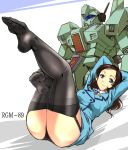  1girl bangs black_legwear black_panties blue_eyes blue_jacket blue_skirt brown_hair closed_mouth commentary_request double-breasted extra eyebrows_visible_through_hair garter_straps gundam jacket kneepits legs legs_up long_sleeves lying mecha necktie on_back panties red_neckwear shirt simple_background skirt smile thighhighs thighs underwear uniform weapon white_shirt yuya 