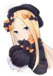  1girl abigail_williams_(fate/grand_order) bangs black_bow black_dress black_headwear blonde_hair blue_eyes blush bow closed_mouth cropped_torso dress eyebrows_visible_through_hair fate/grand_order fate_(series) forehead hair_bow hands_up hat long_hair long_sleeves looking_at_viewer orange_bow parted_bangs polka_dot polka_dot_bow simple_background sleeves_past_fingers sleeves_past_wrists smile solo u_yuz_xx upper_body white_background 