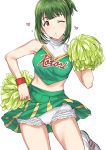  1girl ;o armpits cheerleader commentary_request frilled_panties frills green_hair green_skirt heart highres idolmaster midriff mole mole_under_mouth one_eye_closed otonashi_kotori panties pleated_skirt red_eyes red_scrunchie scrunchie shoes skirt skirt_lift sneakers socks solo tsurui underwear white_background white_footwear white_legwear wrist_scrunchie 