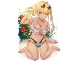  barefoot blonde_hair braids breasts cleavage dark_skin flowers leaves long_hair navel necklace nniiccoo original sunglasses twintails yellow_eyes 