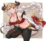  1girl aliza_(granblue_fantasy) arm_wrap bandages belt braided_ponytail breasts cleavage crop_top crown draph granblue_fantasy highres horns kenshin187 large_breasts long_hair midriff navel pants pointy_ears solo very_long_hair white_hair 