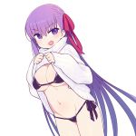  1girl :d bangs bb_(fate)_(all) bikini bikini_under_clothes black_bikini black_ribbon blush breasts chan_co cleavage clothes_lift commentary_request cowboy_shot dress dress_lift dutch_angle eyebrows_visible_through_hair fate/grand_order fate_(series) hair_ribbon large_breasts lifted_by_self long_hair long_sleeves navel open_mouth pink_ribbon purple_eyes purple_hair ribbon side-tie_bikini simple_background smile smug solo stomach straight_hair sweater sweater_dress sweater_lift swimsuit v-shaped_eyebrows very_long_hair white_background white_dress white_sweater 