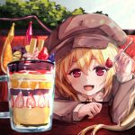  1girl :d alternate_costume alternate_headwear arm_rest arm_up blonde_hair blue_sky blueberry blush brown_headwear brown_jacket commentary_request cup day eyebrows_visible_through_hair fang flandre_scarlet flat_cap food fruit hair_between_eyes hat highres holding holding_spoon ice_cream jacket light_rays long_sleeves looking_at_viewer mug one_side_up open_mouth orange orange_slice outdoors parfait red_eyes shirt skin_fang sky smile solo spoon strawberry sunbeam sunlight table torottye touhou tree wafer_stick white_shirt wings 