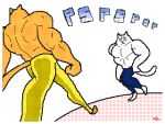  2d_animation 4:3 animated biceps blue_bottomwear blue_clothing blue_pants bottomwear clothed clothing domestic_cat duo felid feline felis keke_(artist) loop low_res male mammal meme muscular muscular_male pants topless walking white_body 