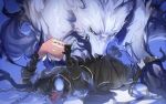  1boy animal armor black_gloves blue_fire book chain fate/grand_order fate_(series) fire gloves headless hessian_(fate/grand_order) lobo_(fate/grand_order) lying no-kan reading short_hair upside-down_book wolf 