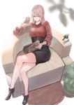  1girl absurdres casual coffee_cup couch cup disposable_cup fate/grand_order fate_(series) florence_nightingale_(fate/grand_order) harutask highres looking_at_viewer newspaper on_couch pink_hair red_eyes sitting solo 