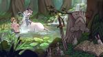  16:9 2020 ambiguous_gender day detailed_background digital_media_(artwork) equid feral forest grass group hi_res horn human lagomorph leporid male mammal neytirix outside rabbit river tree unicorn 