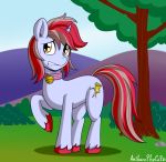  2020 anibaruthecat bell bell_collar collar cutie_mark equid fan_character feral hi_res hooves horn mammal my_little_pony outside solo tree unicorn 
