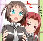  1girl 2girls :o blue_eyes blush breast_grab breasts brown_hair collarbone commentary_request dress eyebrows_visible_through_hair grabbing grabbing_from_behind groping holding indoors large_breasts long_hair long_sleeves multiple_girls open_mouth red_eyes red_hair ronye_arabel school_uniform short_hair sword_art_online sword_art_online_alicization tiese_schtrinen translation_request two_side_up window yasuki_(yaski) 