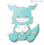  ambiguous_gender blue_body blush chibomon claws demiveemon digimon digimon_(species) eyes_closed holding_(disambiguation) mimimi7021 sitting smile toe_claws unknown_artist veemon 