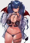  1girl bangs between_breasts black_bra black_panties blue_hair blush bra breasts cardigan choker cleavage collarbone corset cowboy_shot demon_girl demon_tail demon_wings frown gradient gradient_background holding holding_hair horns large_breasts long_hair looking_at_viewer navel o-ring ogino_atsuki open_cardigan open_clothes original panties purple_nails sidelocks sleeves_past_wrists solo stomach succubus tail thighs twintails underwear very_long_hair white_cardigan wings yellow_eyes 