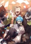  2boys beard black_legwear blue_eyes blue_hair blurry book bow bowtie brown_eyes brown_hair depth_of_field facial_hair fate/apocrypha fate/extra fate/extra_ccc fate_(series) glasses hans_christian_andersen_(fate) headphones headphones_around_neck highres labcoat laughing legwear_under_shorts male_focus multiple_boys no-kan pantyhose quill renaissance_clothes shorts sitting sitting_on_lap sitting_on_person william_shakespeare_(fate) 