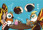  arthropod battra beverage blue_eyes bubble_tea female furniture godzilla godzilla_(series) insect insect_wings kaiju lepidopteran male moth mothra mothra_(series) red_eyes scalie table text toho wings 