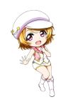  1girl :d bangs bare_arms bare_shoulders blush boots cabbie_hat chibi collarbone eyebrows_visible_through_hair full_body hat heart highres jacket knee_boots koizumi_hanayo kuena looking_at_viewer love_live! love_live!_school_idol_project love_marginal open_mouth orange_hair printemps_(love_live!) purple_eyes simple_background skirt sleeveless sleeveless_jacket smile solo white_background white_footwear white_headwear white_jacket white_skirt 