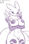 anthro blush breasts canid clothing digimon digimon_(species) female front_view fur gloves handwear hi_res kyodashiro mammal navel nipples renamon simple_background solo standing white_background white_body 