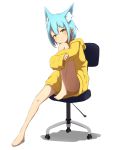  1girl :t absurdres animal_ear_fluff animal_ears bangs barefoot blue_hair chair closed_mouth commandant_teste_(kantai_collection) convenient_leg eyebrows_visible_through_hair full_body hair_between_eyes head_on_knee highres hood hood_down hoodie idaten93 knee_up leg_up long_sleeves looking_at_viewer office_chair on_chair original shadow sitting sleeves_past_wrists solo white_background wide_sleeves yellow_eyes yellow_hoodie 