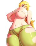  1girl absurdres arms_behind_back blonde_hair blue_eyes breasts cameltoe commentary crown curvy earrings from_below hair_over_one_eye highres huge_breasts jewelry long_hair looking_at_viewer looking_down mario_(series) midriff mini_crown navel popogori rosalina see-through skindentation solo super_mario_galaxy thick_thighs thighs underboob 