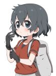  1girl backpack bag bangs black_eyes black_gloves black_hair commentary eyebrows_visible_through_hair glove_pull gloves hair_between_eyes kaban_(kemono_friends) kemono_friends ransusan red_shirt serious shirt short_hair short_sleeves solo sweatdrop white_background 