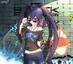  1girl against_wall ahoge arm_behind_back artist_name asymmetrical_hair bangs black_rock_shooter black_rock_shooter_(character) black_shirt blue_eyes blue_hair blue_pants bra_strap bracelet casual character_name closed_mouth copyright_name cowboy_shot eyebrows_visible_through_hair floating_hair gradient_hair groin hair_between_eyes highres jewelry long_hair looking_at_viewer looking_over_eyewear midriff multicolored_hair necklace off-shoulder_shirt off_shoulder oywj pants print_shirt purple-tinted_eyewear purple_hair shiny shiny_hair shirt short_sleeves smile solo standing stomach sunglasses twintails very_long_hair 