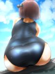  1girl ass ass_focus back blue_sky brown_hair cloud gradient_sky headgear highres kantai_collection old_school_swimsuit revision school_swimsuit short_hair sky solo swimsuit tama_(seiga46239239) water_drop yukikaze_(kantai_collection) 
