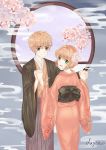  1boy 1girl :d ahoge bangs black_bow blonde_hair bow brown_eyes brown_kimono cardcaptor_sakura closed_mouth couple duxiaoyao eyebrows_visible_through_hair flower green_eyes grey_hakama hair_between_eyes hair_intakes hakama haori holding_hands interlocked_fingers japanese_clothes kimono kinomoto_sakura li_xiaolang looking_at_viewer obi open_mouth pink_flower pink_kimono sash short_hair smile standing yukata 