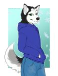 2020 anthro black_body black_fur black_nose canid canine canis clothed clothing domestic_dog excitedcargoyle fur green_eyes hi_res husky male mammal nordic_sled_dog solo spitz standing 