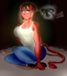  2020 big_breasts blue_eyes breasts brown_hair cev clothed clothing demon digital_media_(artwork) fangs female hair hi_res horn humanoid humanoid_pointy_ears humanoid_tail looking_at_viewer not_furry pointy_eared_humanoid red_body red_skin scp-087 scp_foundation smile solo spade_tail stairs 