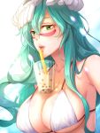  1girl aqua_hair bleach breasts bubble_tea_challenge chocofox cleavage collarbone drinking_straw green_eyes hair_between_eyes headwear highres large_breasts long_hair looking_at_viewer nelliel_tu_odelschwanck open_mouth shiny shiny_hair sideboob solo upper_body very_long_hair white_background white_bikini_top 