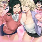  2boys 2girls :d artificial_vagina asymmetrical_docking bakugou_katsuki bakugou_mitsuki bangs black_skirt blonde_hair blue_skirt boku_no_hero_academia breast_press breasts cafekun cleavage collarbone covered_nipples freckles green_eyes green_hair hand_on_another&#039;s_hip highres impossible_clothes large_breasts long_hair long_sleeves looking_at_viewer mature midoriya_inko midoriya_izuku mother_and_son multiple_boys multiple_girls open_mouth patreon_logo pink_background red_eyes shiny shiny_hair short_hair skirt smile sparkle sweatdrop sweater 