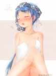  1girl areolae artist_name bangs blue_hair blush closed_eyes commentary_request eyebrows_visible_through_hair hair_between_eyes heavy_breathing kantai_collection knees_together_feet_apart knees_up long_hair mae_(maesanpicture) naked_towel nude open_mouth samidare_(kantai_collection) simple_background sitting solo squiggle swept_bangs towel towel_on_head very_long_hair white_background 