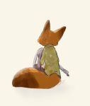  aloha_shirt anthro bottomwear brown_body brown_fur canid canine clothed clothing dipstick_ears dipstick_tail disney duo ears_down fox fully_clothed fur grey_body grey_fur hi_res judy_hopps lagomorph leporid mammal monmokamoko multicolored_ears multicolored_tail nick_wilde pants pivoted_ears rabbit rear_view red_fox shirt simple_background sitting tan_background topwear zootopia 