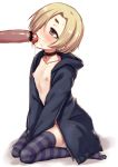  1girl blonde_hair blush brown_eyes censored cum disembodied_penis ear_piercing fellatio flat_chest hood hoodie idolmaster idolmaster_cinderella_girls kou_(garakuta_teikoku) nipples oral penis piercing shirasaka_koume short_hair thighhighs 