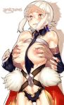  1boy 1girl abs bangs bare_shoulders belt black_bikini_bottom black_gloves blue_ribbon blunt_bangs blush breast_grab breasts breasts_outside cape clothes_lift elbow_gloves fate/grand_order fate_(series) fingerless_gloves from_behind fur_trim glasses gloves grabbing hair_ribbon half_updo large_breasts long_hair mckeee navel nipples open_mouth penthesilea_(fate/grand_order) red_cape ribbon sidelocks simple_background solo_focus thighs waist_cape wavy_mouth white_background white_hair yellow_eyes 