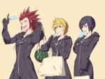  axel_(kingdom_hearts) black_coat_(kingdom_hearts) black_hair blonde_hair blue_eyes breasts cloak commentary_request facial_mark food fruit gloves gogo_(detteiu_de) green_eyes highres hood kingdom_hearts kingdom_hearts_358/2_days multiple_boys open_mouth organization_xiii red_hair roxas short_hair simple_background smile spiked_hair watermelon xion_(kingdom_hearts) 