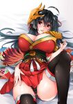  1girl ahoge azur_lane bangs bed_sheet black_hair black_legwear black_panties blush breasts cleavage crossed_bangs eyebrows_visible_through_hair fan feather-trimmed_sleeves hair_between_eyes hair_ribbon highres holding holding_fan japanese_clothes kimono large_breasts long_hair long_sleeves looking_at_viewer lying mask mask_on_head obi off-shoulder_kimono on_back open_mouth panties red_eyes red_kimono red_ribbon ribbon sash sezoku smile solo striped striped_ribbon taihou_(azur_lane) thighhighs tied_hair twintails underwear very_long_hair wide_sleeves 