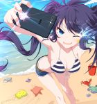  1girl ;d absurdres armpits asymmetrical_hair bangs beach belt bent_over black_rock_shooter black_rock_shooter_(character) blue_eyes blue_shorts breasts brown_belt cleavage collarbone day denim denim_shorts floating_hair gradient_hair halterneck hand_on_own_knee heart heart-shaped_pupils highres long_hair medium_breasts multicolored_hair ocean one_eye_closed open_mouth outdoors oywj purple_hair self_shot short_shorts shorts sideboob smile solo striped_bikini_top swept_bangs symbol-shaped_pupils torn_clothes torn_shorts very_long_hair 
