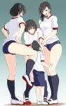  1boy 3girls blue_buruma buruma gym_uniform hachimitsu_(hachimitsu_pot) height_difference highres multiple_girls open_mouth original sexually_suggestive shota size_difference smile 