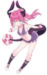  1girl bangs bare_arms bare_shoulders black_legwear blade_(galaxist) blue_eyes blush breasts cheerleader closed_mouth collarbone commentary_request curled_horns dragon_girl dragon_horns dragon_tail elizabeth_bathory_(fate) elizabeth_bathory_(fate)_(all) eyebrows_visible_through_hair fate/extra fate/extra_ccc fate_(series) full_body hair_between_eyes horns long_hair looking_at_viewer pink_hair pleated_skirt pom_poms ponytail purple_skirt shoes sidelocks simple_background skirt small_breasts smile socks solo tail white_background white_footwear 