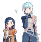  2girls ? angelica_(honzuki_no_gekokujou) armor asymmetrical_bangs bangs blue_eyes blush braid breastplate capelet cowboy_shot dark_blue_hair dress frills gem hand_on_own_cheek honzuki_no_gekokujou inaeda_kei light_blue_hair long_hair long_sleeves looking_at_another maine_(honzuki_no_gekokujou) multiple_girls open_mouth ponytail ruffled_sleeves scabbard sheath simple_background smile standing sword weapon white_background yellow_eyes 