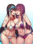  bangs bare_shoulders beads bikini blue_background blush breasts brown_hair cleavage collarbone covered_nipples earrings fate/grand_order fate_(series) gradient gradient_background hair_between_eyes headpiece highres hoop_earrings jewelry large_breasts long_hair looking_at_viewer navel open_mouth purple_bikini purple_eyes purple_hair qblade red_eyes scathach_(fate)_(all) scathach_(swimsuit_assassin)_(fate) smile sparkle swimsuit untied untied_bikini white_bikini xuanzang_(fate/grand_order) 