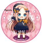 1girl :d abigail_williams_(fate/grand_order) argyle argyle_background bangs black_bow black_dress black_footwear black_headwear blonde_hair bloomers blue_eyes blush bow bug butterfly character_name chibi colored_shadow commentary_request dress fate/grand_order fate_(series) forehead full_body hair_bow hat insect long_hair long_sleeves looking_at_viewer object_hug open_mouth orange_bow outstretched_arm parted_bangs polka_dot polka_dot_bow sample shadow shoes sleeves_past_fingers sleeves_past_wrists smile solo standing star stuffed_animal stuffed_toy teddy_bear toko_(torisan_ren) underwear very_long_hair white_bloomers 